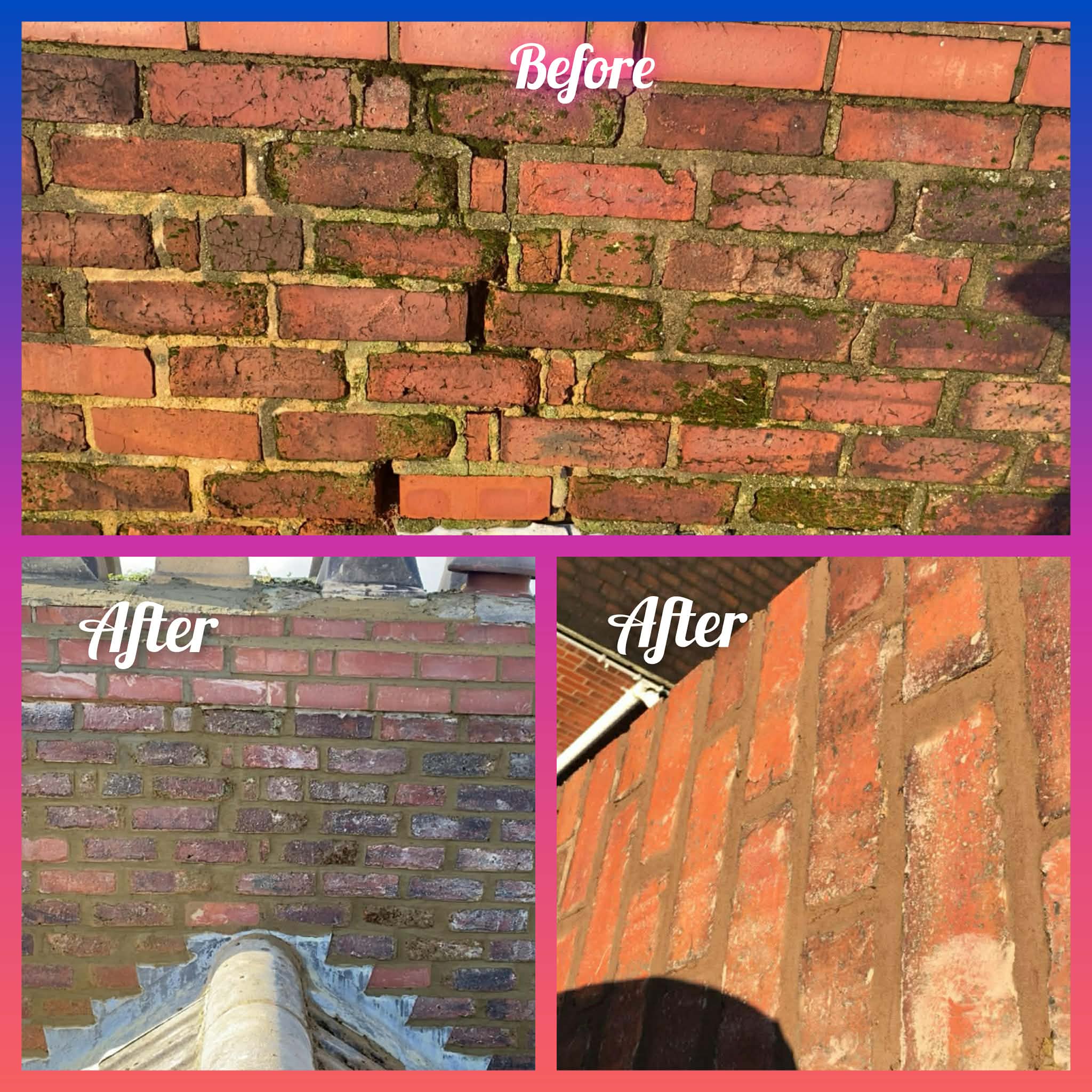 Chimney repair before and after, showing the repaired brickwork
